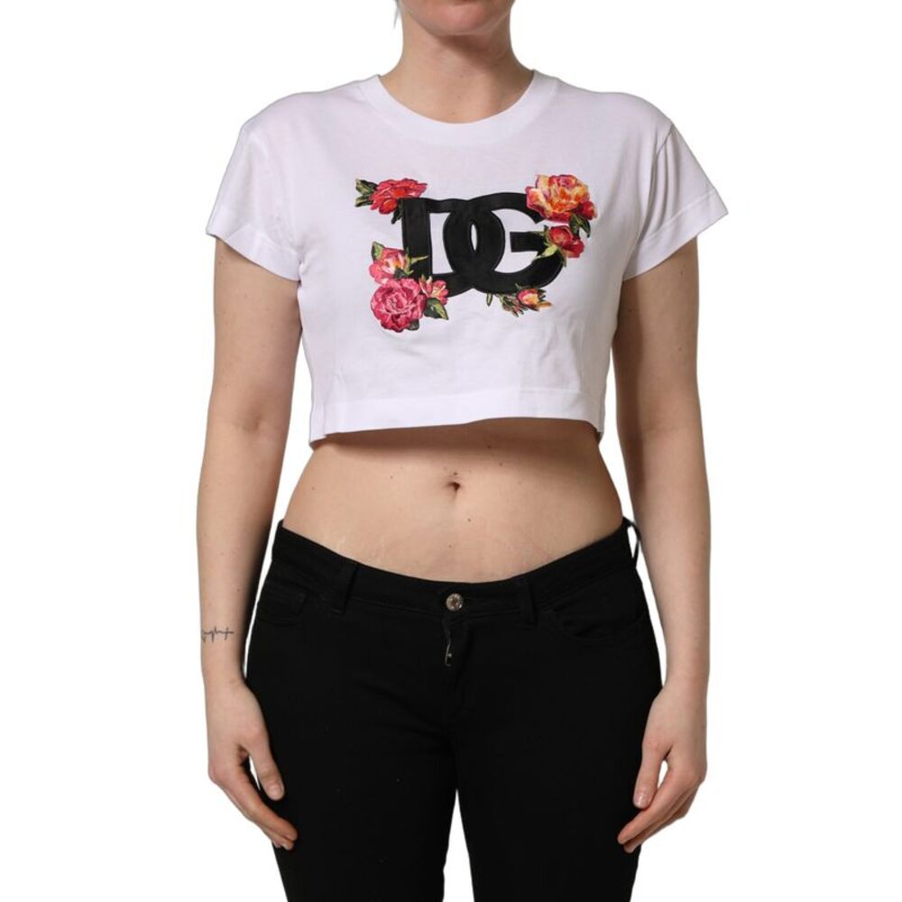 Dolce & Gabbana White DG Floral Cotton Jersey Crop Women's T-shirt